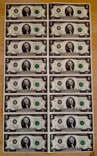 Two (2) Dollar Bill Sheet (16) photo
