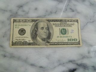 1996 Usa $100 Dollar Bill Cut Smaller & Wide Bottom On Back & See Ink Embossing photo