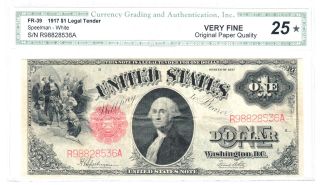 1917 $1 Legal Tender Note,  Friedberg No.  39,  Cga Very Fine 25 (vf 25) Opq photo