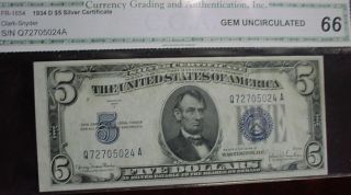 1934d $5 Silver Certificate Fr - 1654 Faulty Alignment Cga Gem Unc 66 photo
