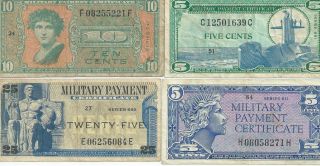 Military Payment Certificates Mpc Various Series 5c (2) 10c 25c Vf To Xf Nr photo