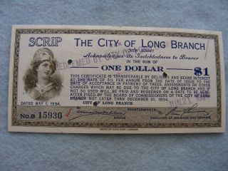 1934 One Dollar Scrip Long Branch,  Jersey, ,  Exc. photo