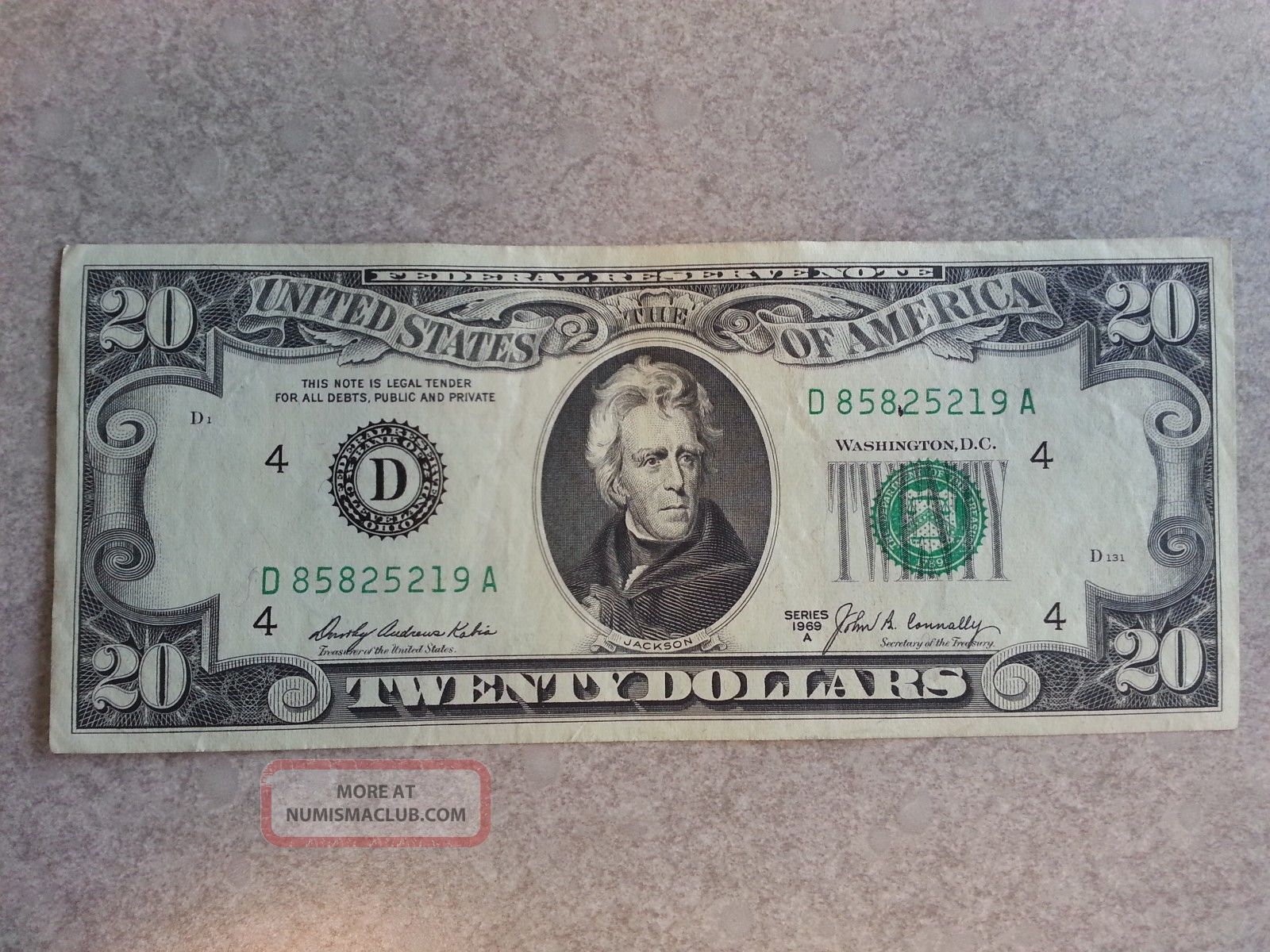 1969a $20 Twenty Dollar Bill Note D85825219a - Shape