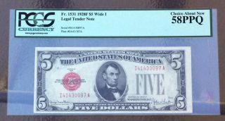 1928 F $5 Wide I Legal Tender Note Fr1531 Pcgs Graded 58ppq - Choice About photo