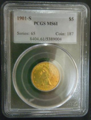 $5 Liberty Gold Half Eagle - 1901 - S - Ms - 61 Pcgs photo