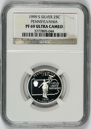 1999 - S Silver 25c Ngc Pf69 Ultra Cameo Pennsylvania State Quarter photo