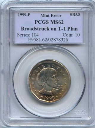 1999 P Susan B Anthony Dollar Error Broadstruck Pcgs Ms62 Graded Sba Large Coin photo