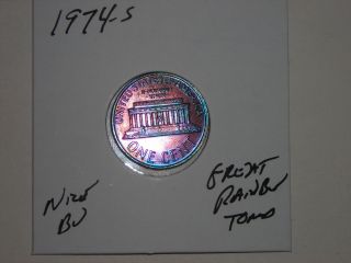 1974s Green,  Blue,  Purple,  Great Monster Rainbow Toned Lincoln Cent 1974 - S Red Bu photo