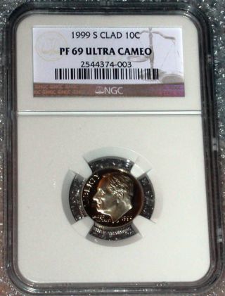 1999 S Ngc Pf 69 Ultra Cameo Clad Roosevelt Dime - Ngc Proof 69 Ultra Cameo Dime photo