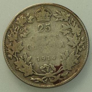 1914 Canada George V 25 Cents Circulated. photo