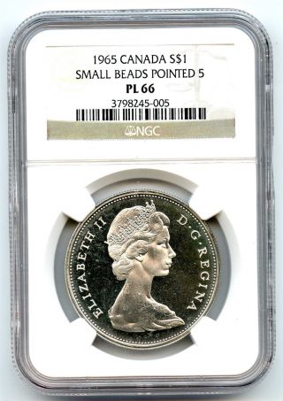1965 Ngc Pl66 Canada $1 Silver Dollar Small Beads Pointed 5 Proof Like photo