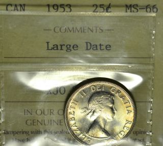 1953 Ld Nsf Cent (25¢) Iccs Ms - 66 Pq Top 2 Full Luster & Gold Toning photo