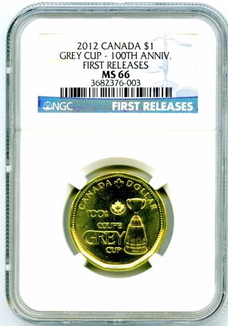 2012 Canada Loonie Grey Cup 100th Anniversary Ngc Ms66 First Releases Rare photo