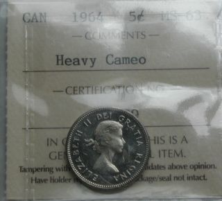 Canada 1964 5 Cents Coin Iccs Ms - 63 Heavy Cameo Unc Ms Uncirculated photo