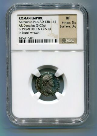 Ngc Ancients Graded Xf Antonius Pius Ad 138 - 61 Ar Silver Denarius - Rare Reverse photo