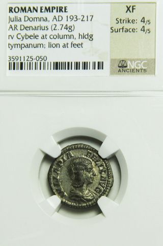 Julia Domna 193 - 217 Ad Ar Silver Denarius Cybele Lion Roman Empire Ngc Xf photo
