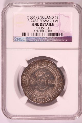 Medieval England Edward Vi 1551 Silver Shilling Tower Ngc F Details photo