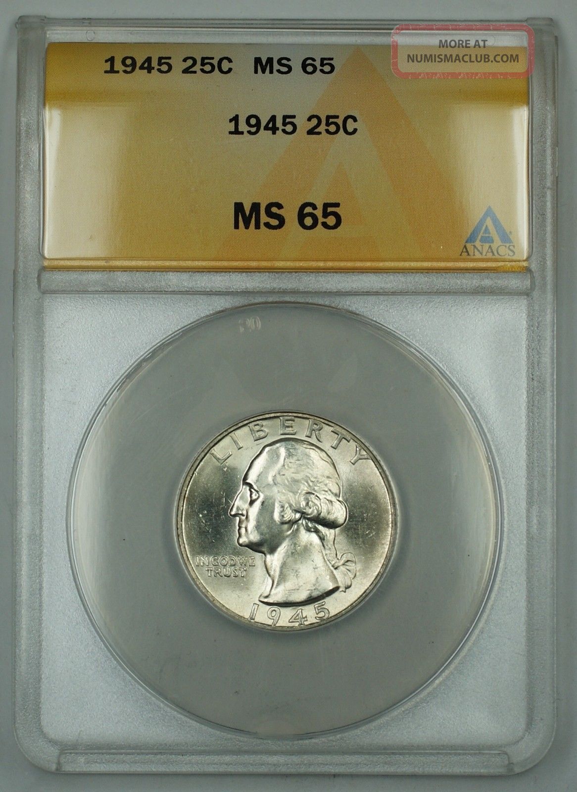 1945 Washington Silver Quarter Anacs Ms 65 Gem Coin Gk