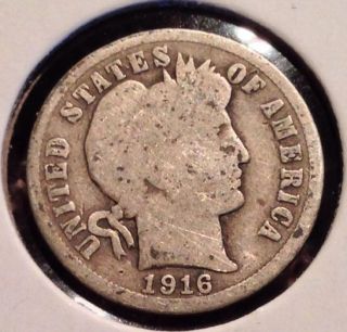 1916 Barber Dime,  Good.  90% Silver.  U.  S.  Coin.  Liberty Head.  S&h photo