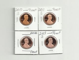 2010 S,  2011 S,  2012 S & 2013 S Lincoln Union Shield Proof Cents/pennies photo
