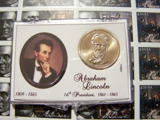 Lincoln Presidential Dollar With Lincoln Stamp In Snap Loc Case photo