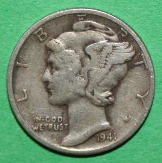 1941 Us Mercury Silver Dime Circulated photo