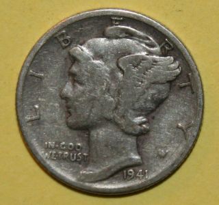 1941 - D Us Mercury Silver Dime Circulated photo