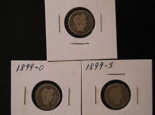 1899 - P,  1899 - O,  & 1899 - S Silver Barber Dimes - Album Fillers - - Look photo