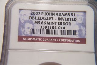Rare 2007 John Adams Error Inverted Variety Ngc Cert.  Ms - 66 Higest Graded photo