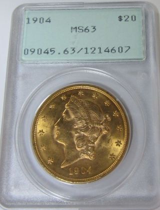 1904 Us $20 Dollar Gold Liberty Graded By Pcgs Ms63 Pq Old Rattler Holder photo