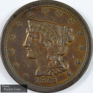 1851 Braided Hair Half - Cent Almost Uncirculated Chocolate Brown Type Copper photo