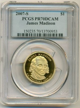 2007 S James Madison Presidential Dollar Pr70 Dcam Pcgs Blue Label photo