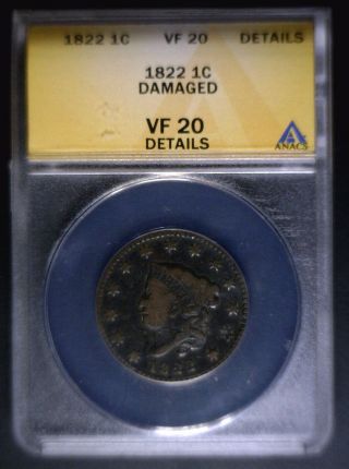 1822 Coronet Head Large Cent Graded By Anacs As Vf20 Details photo
