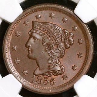 1855 N - 8 R - 3 Ngc Ms66bn Upright 55 Braided Hair Large Cent Coin 1c Ex; Mervis photo