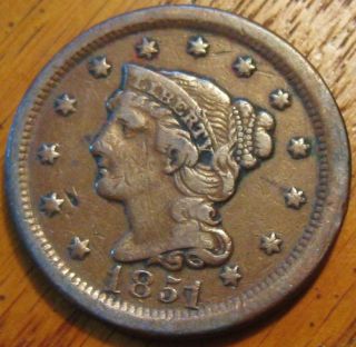 1851 Braided Hair Large Cent Very Fine A712 photo