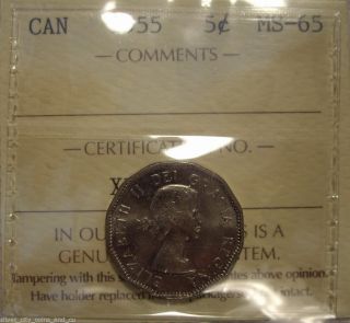 Canada Elizabeth Ii 1955 Five Cents - Iccs Ms - 65 (xba 521) photo