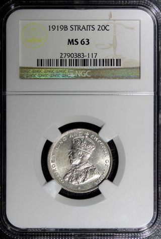 Straits Settlements Silver George V 1919 - B 20 Cents Ngc Ms63 Km 30a photo