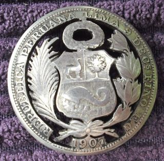 Peru 1/2 Sol,  1907 Coin Silver Brooch photo