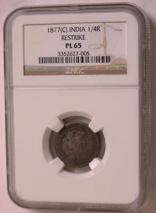 India 1877 Calcutta Victoria 1/4 Rupee Silver; Proof Restrike Ngc Pl - 65 photo
