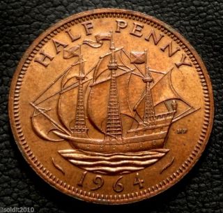 United Kingdom,  Gb.  1964 ½ Penny Elizabeth Ii Ship 