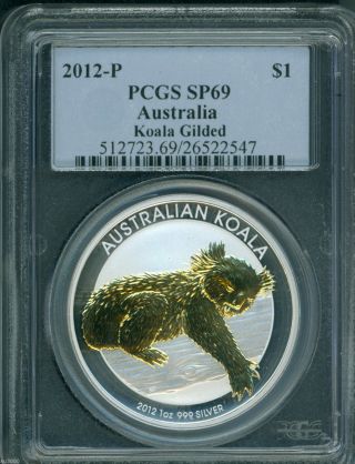 2012 - P S$1 Australia Gilded Gilt Koala 1 Oz.  Silver Pcgs Sp69 photo