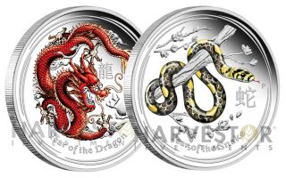 2012 Australian Dragon & 2013 Snake 1 Oz.  Silver Colorized Proofs – Lunar Pair photo