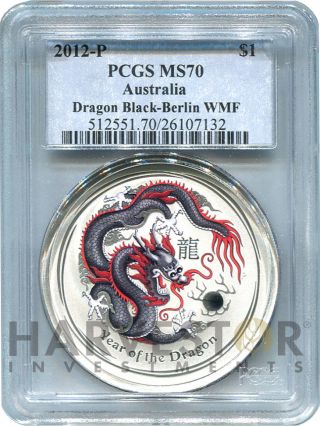 2012 Australian Black Dragon 1 Oz.  Color Berlin World Money Fair Pcgs Ms70 photo