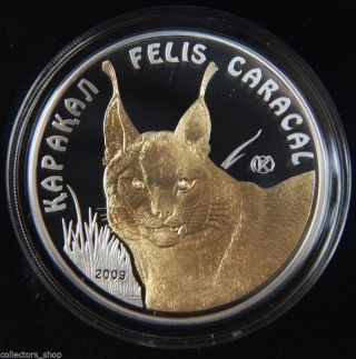 Kazakhstan:silver /gold 100 Tenge Felis Caracal With Diamonds 2009/2011 Prf photo