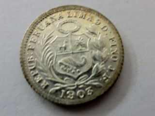 Rare Uncirculated 1903 Struck Over 93 Peru Lima 1/2 Silver Dinero Coin photo