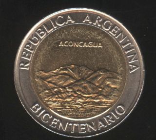 Argentina 1 Peso Bimetallic 200th Anniversary Independence Aconcagua Unc photo