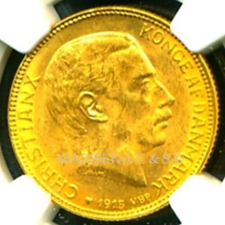 1915 Vbp Denmark Gold Coin 20 Kroner Ngc Cert.  Ms 62 Brilliant Luster photo