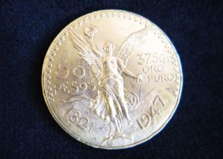1947 Gold Mexican 50 Pesos 1.  2057 Oz,  21.  50 Karat,  37.  50 Grams photo