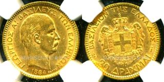 1884 Greece Gold Coin 20 Drachmai Ngc Cert.  Au 55 Sumptuous Luster photo