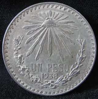 1938 72% Silver Mexican Un Peso - Cap And Ray Large Coin From Mexico photo
